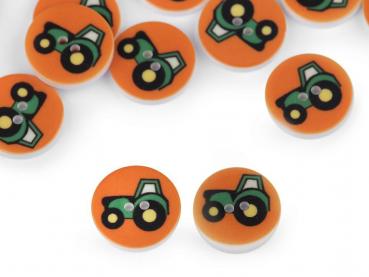 Kinderknopf 2-Loch Kunststoff mit Traktor Ø 15,4mm Orange
